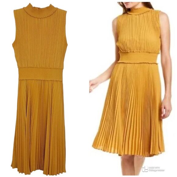Nanette Lepore Pleated Midi Dress Mock Neck Sleeveless Fit & Flare - Picture 1 of 10